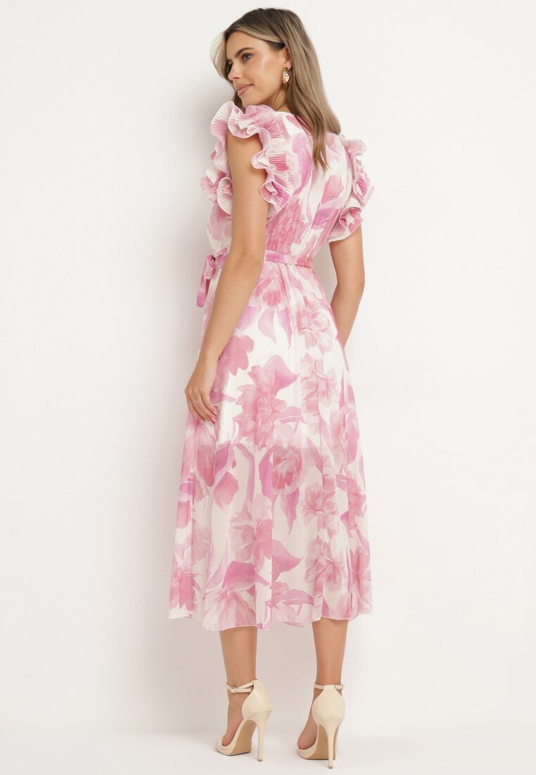 fashion Rochie petrecută roz cu elastic în talie și curea din material cu volane Dimrina