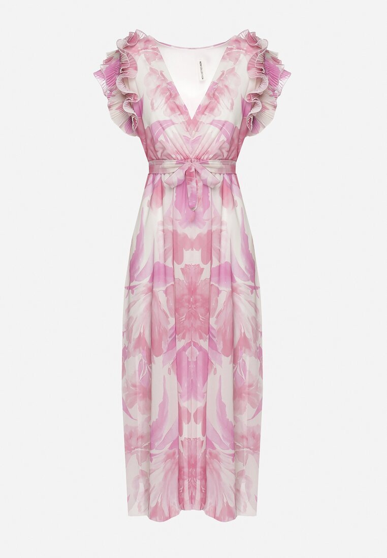 fashion Rochie petrecută roz cu elastic în talie și curea din material cu volane Dimrina