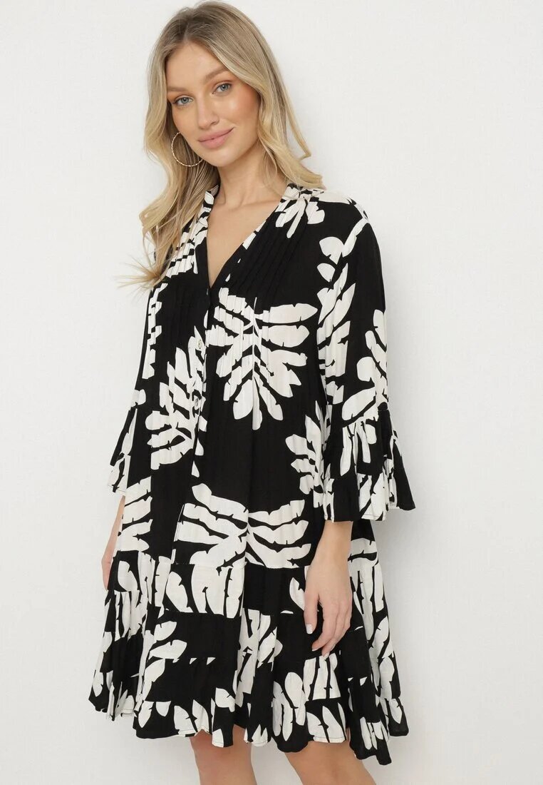 fashion Rochie tip cămașă Neagră Din viscoză Decorată Cu volane Cu frunze Edivonia