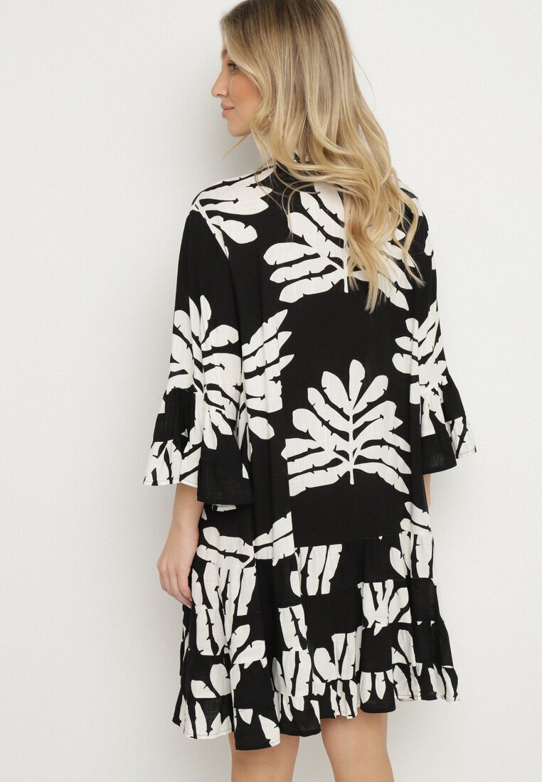 fashion Rochie tip cămașă Neagră Din viscoză Decorată Cu volane Cu frunze Edivonia