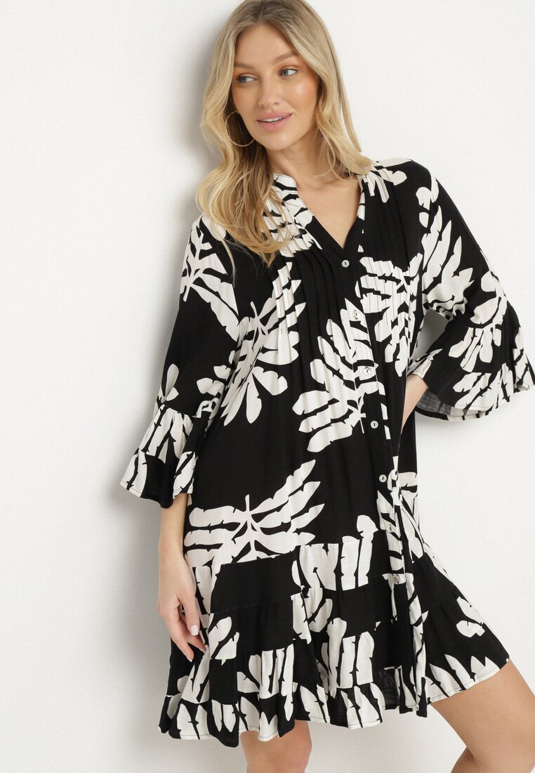 fashion Rochie tip cămașă Neagră Din viscoză Decorată Cu volane Cu frunze Edivonia