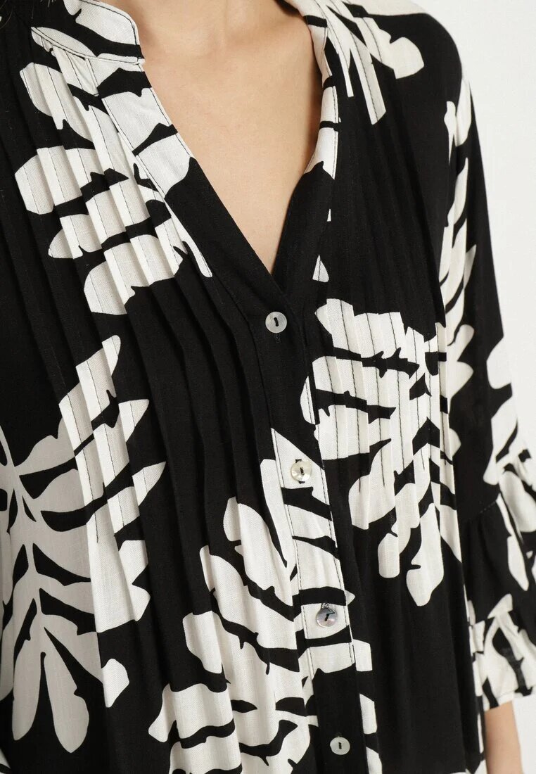 fashion Rochie tip cămașă Neagră Din viscoză Decorată Cu volane Cu frunze Edivonia