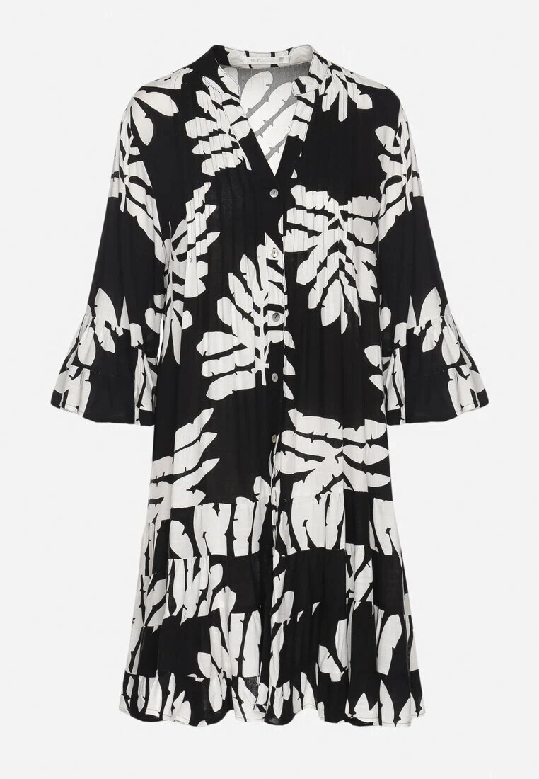 fashion Rochie tip cămașă Neagră Din viscoză Decorată Cu volane Cu frunze Edivonia