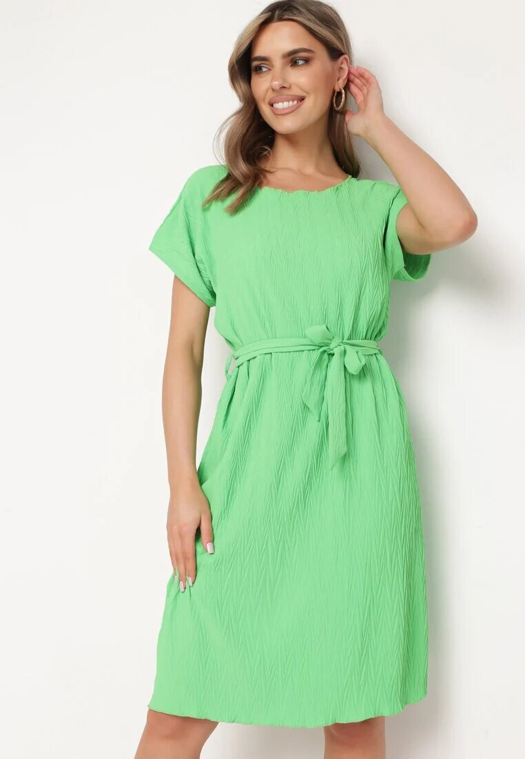 fashion Rochie Verde deschis cu Mânecă Scurtă și Curea din material Ellata