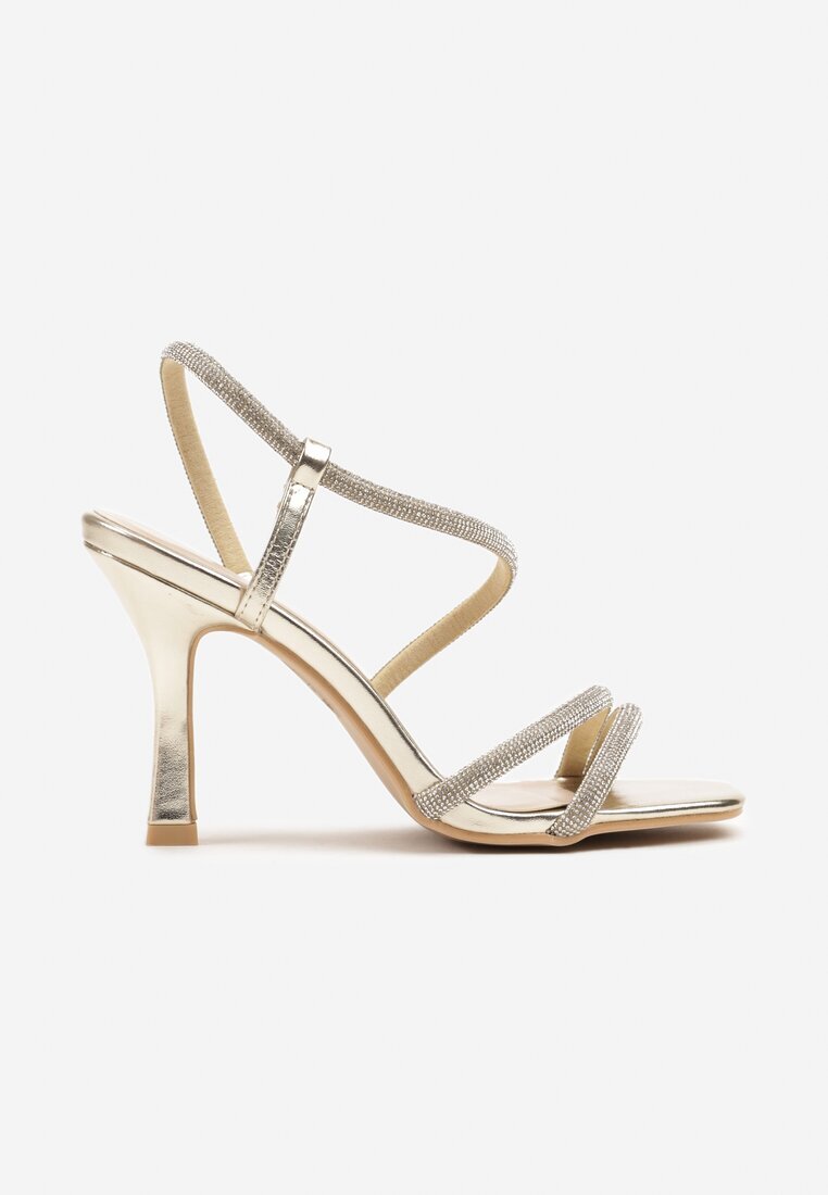 fashion Sandale aurii cu toc cui cu barete cu zirconii Canileas