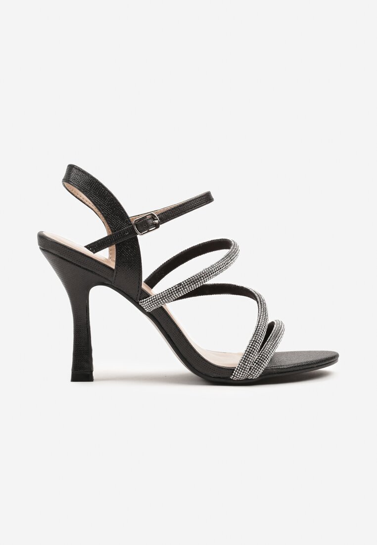 fashion Sandale Negre cu Toc Stiletto cu Barete cu Strasuri Dalirisse