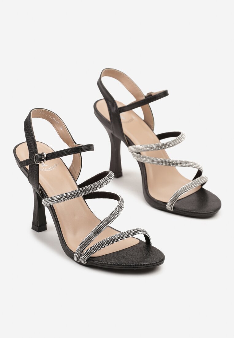 fashion Sandale Negre cu Toc Stiletto cu Barete cu Strasuri Dalirisse