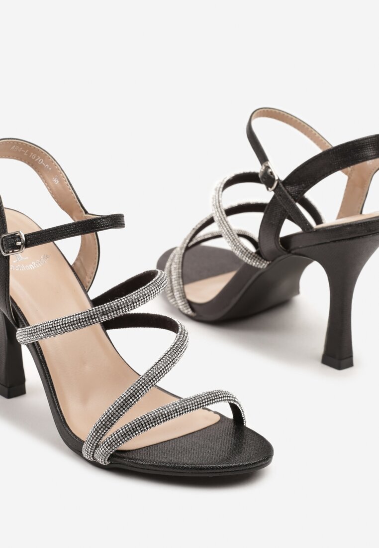 fashion Sandale Negre cu Toc Stiletto cu Barete cu Strasuri Dalirisse