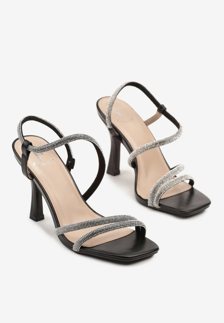 fashion Sandale Negre cu Toc Subțire cu Barete cu Zirconii Canileas