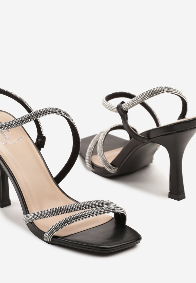 fashion Sandale Negre cu Toc Subțire cu Barete cu Zirconii Canileas