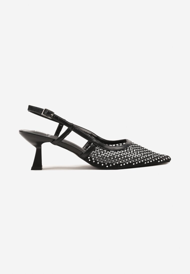 fashion Sandale Negre Tip Plasă cu Toc Stiletto Tip Kitten Decupate La Spate cu Strasuri Marilssa