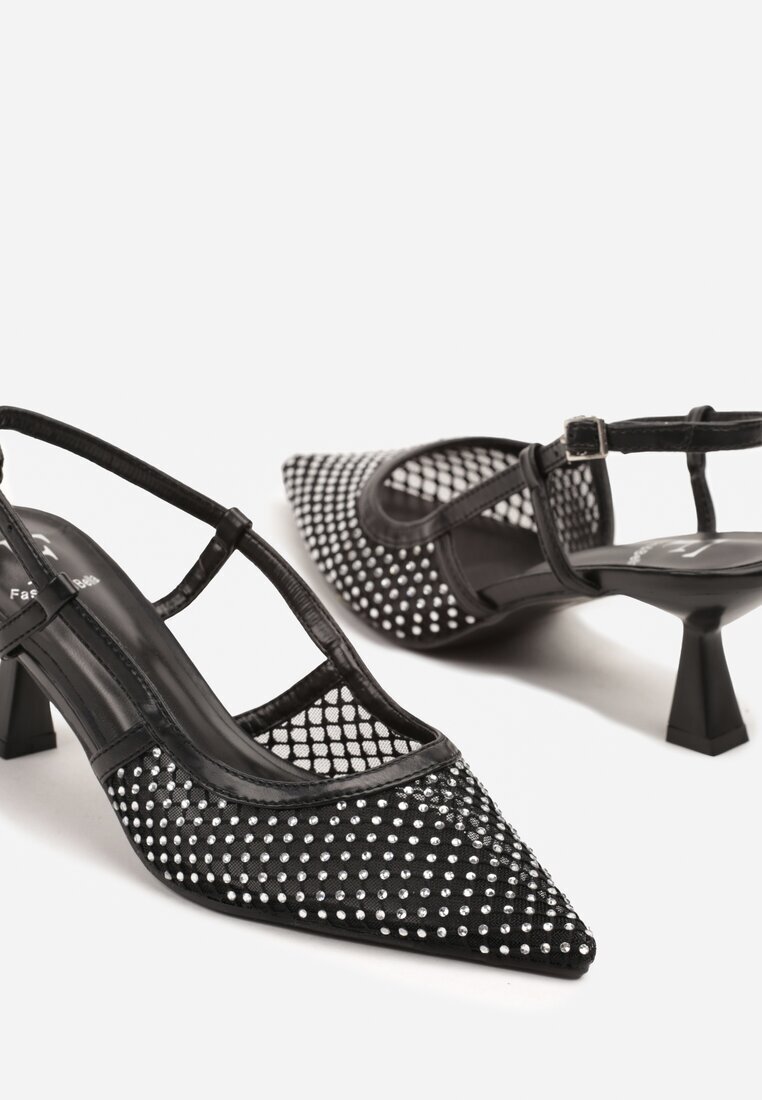 fashion Sandale Negre Tip Plasă cu Toc Stiletto Tip Kitten Decupate La Spate cu Strasuri Marilssa