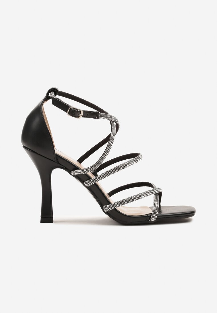 fashion Sandale Stiletto Negre de cocktail cu barete și cu pietre Elisovas