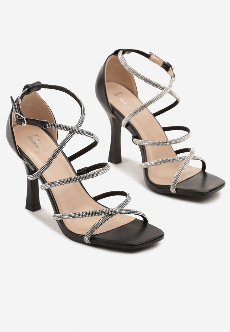 fashion Sandale Stiletto Negre de cocktail cu barete și cu pietre Elisovas