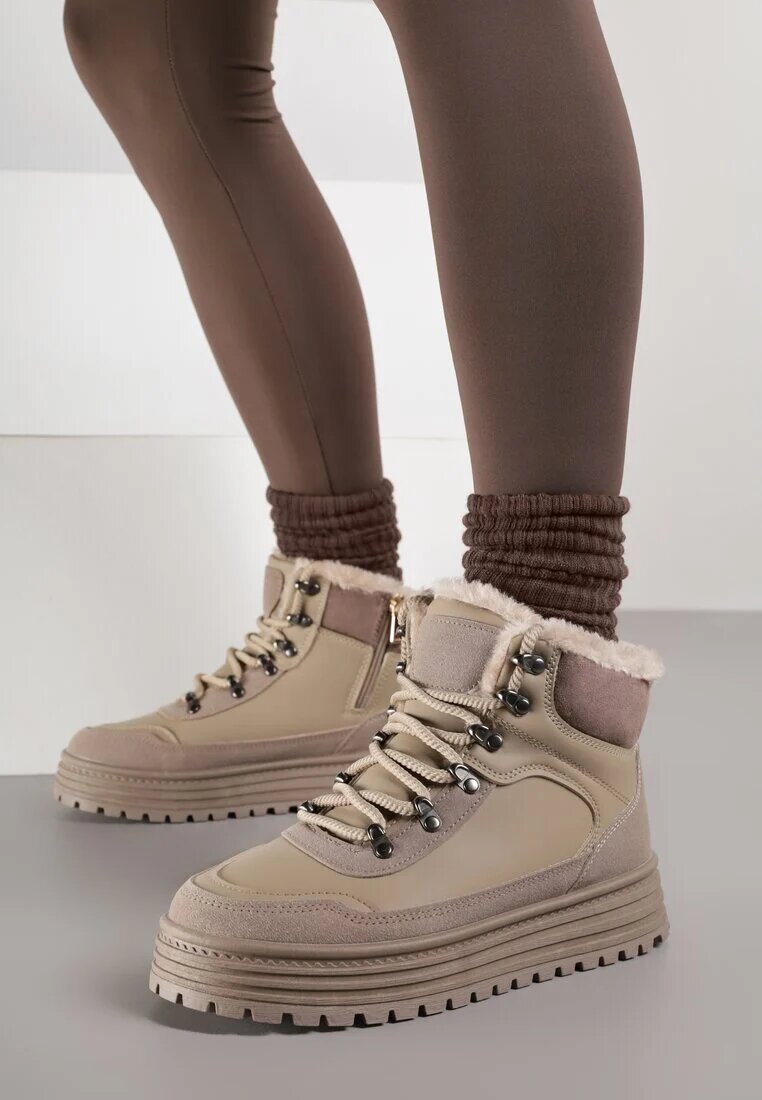 fashion Sneakers bej închis cu talpă groasă cu blană Alweda