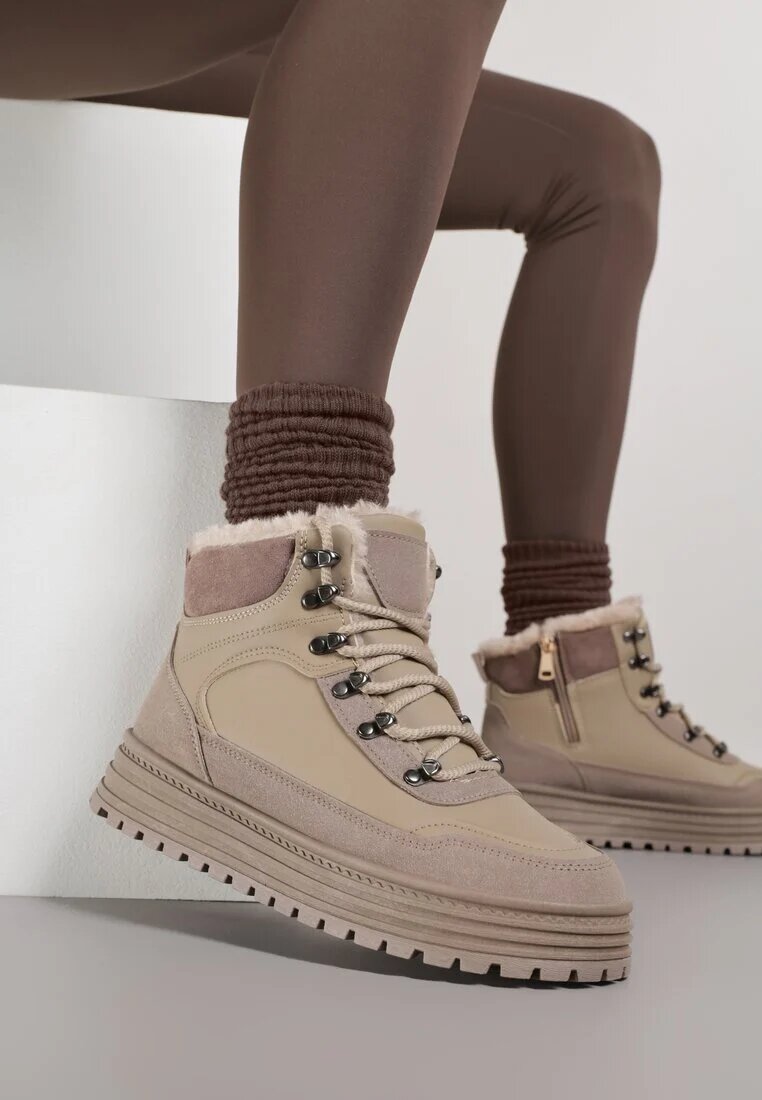 fashion Sneakers bej închis cu talpă groasă cu blană Alweda