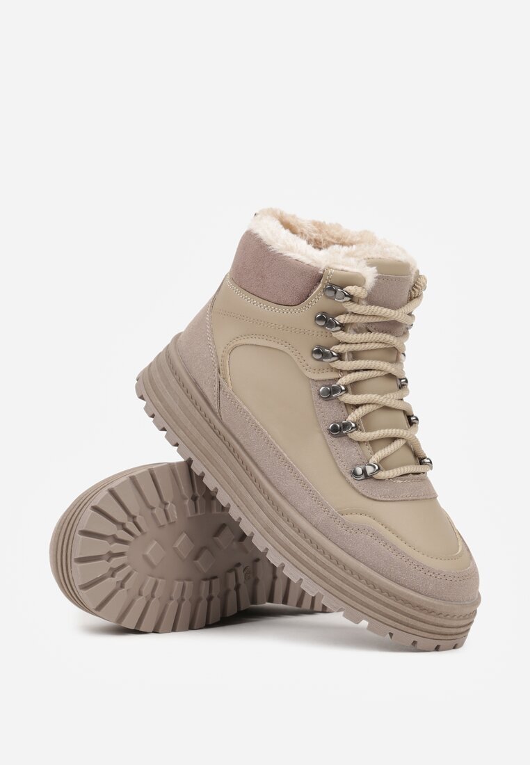 fashion Sneakers bej închis cu talpă groasă cu blană Alweda