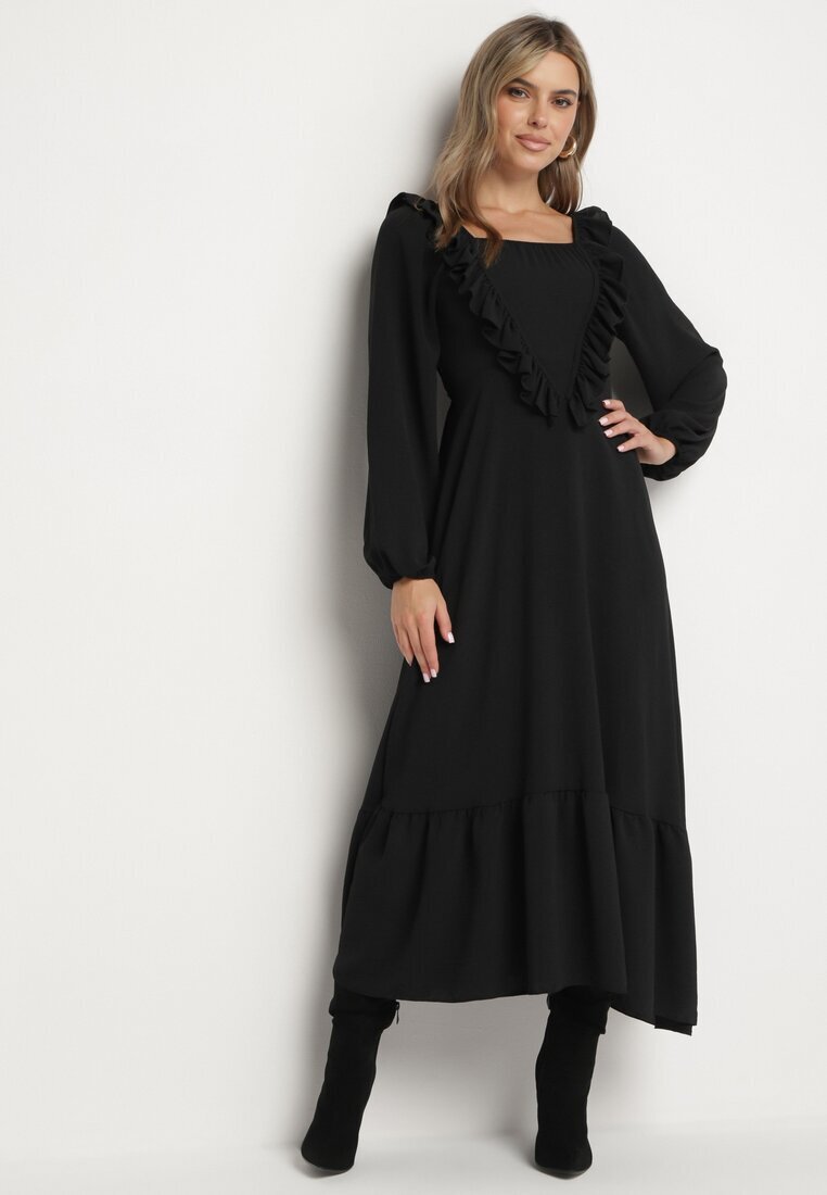 fashion station Rochie Neagră Lungă Evazată cu Volane Decorative Ferellia