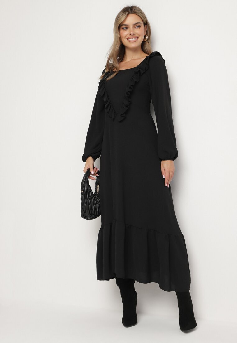 fashion station Rochie Neagră Lungă Evazată cu Volane Decorative Ferellia