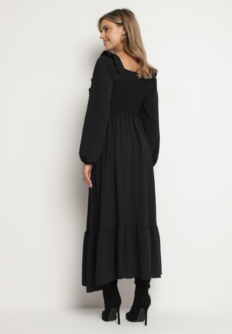 fashion station Rochie Neagră Lungă Evazată cu Volane Decorative Ferellia