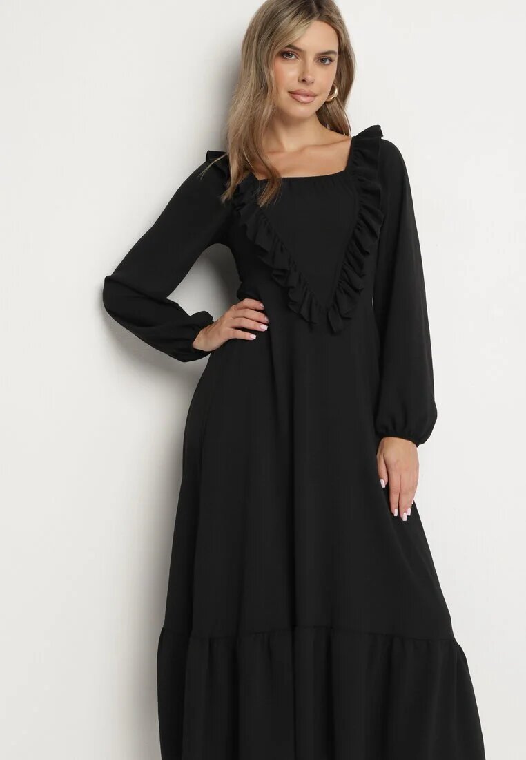fashion station Rochie Neagră Lungă Evazată cu Volane Decorative Ferellia
