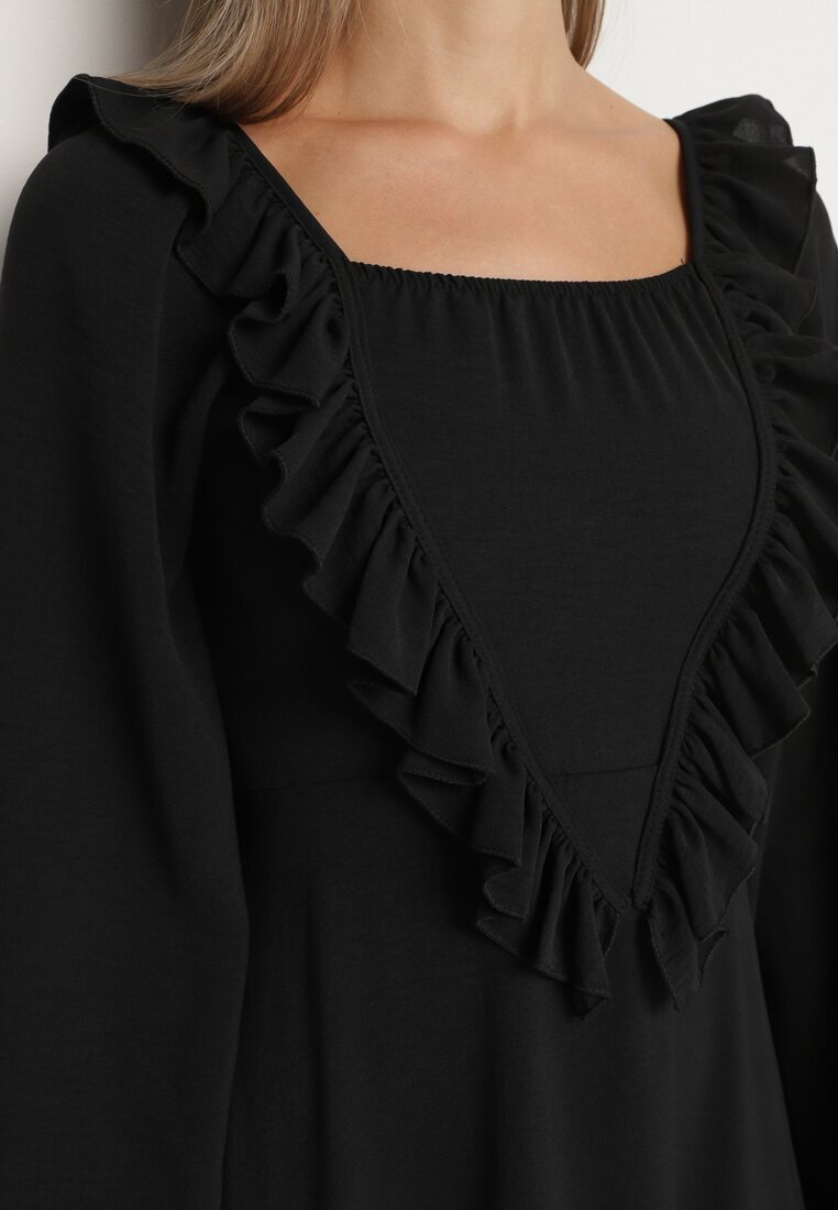 fashion station Rochie Neagră Lungă Evazată cu Volane Decorative Ferellia