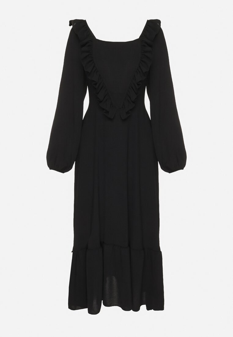 fashion station Rochie Neagră Lungă Evazată cu Volane Decorative Ferellia