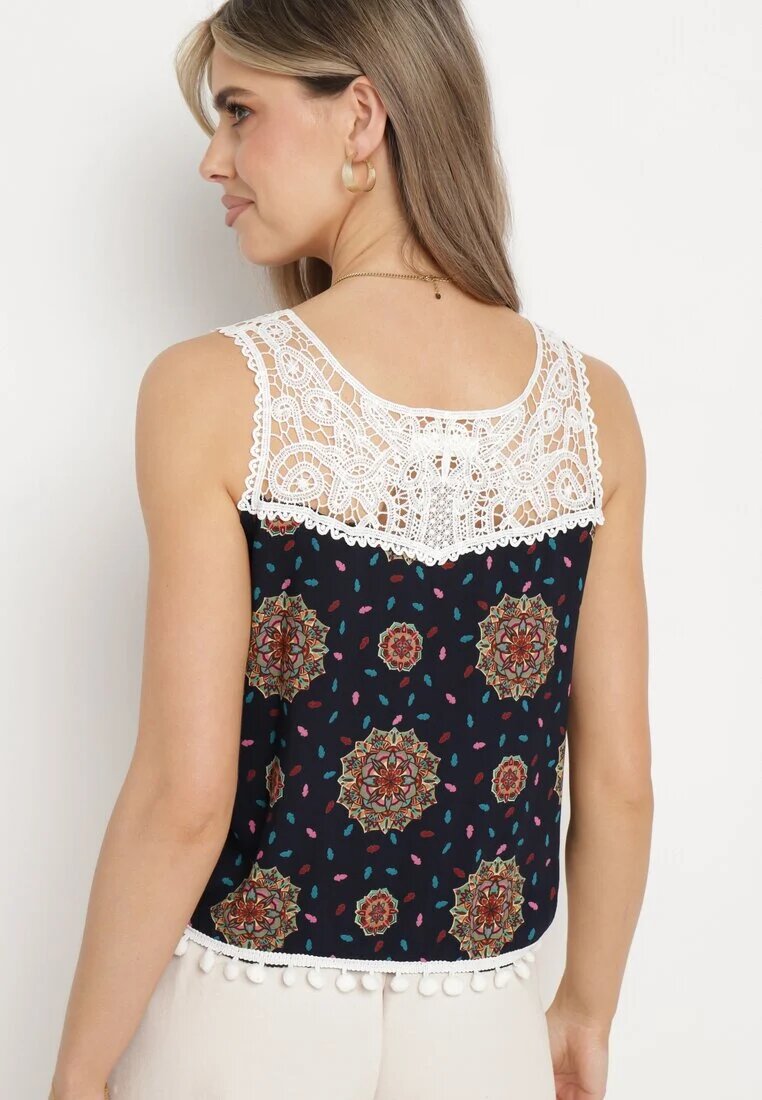 fashion Top Bleumarin-Verde din viscoză fără mâneci cu dantelă și ciucuri Comoria