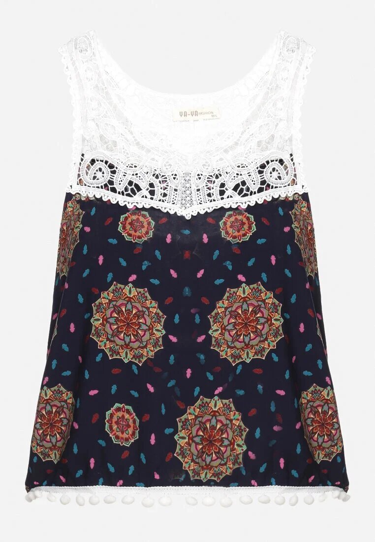 fashion Top Bleumarin-Verde din viscoză fără mâneci cu dantelă și ciucuri Comoria