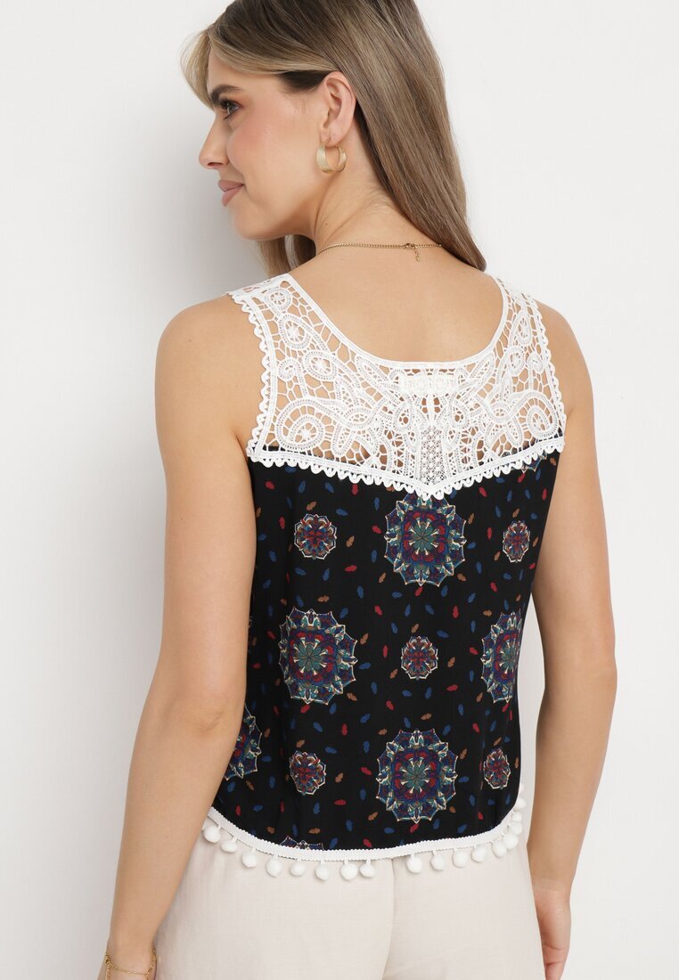 fashion Top fără mâneci Negru-Albastru din viscoză cu dantelă și ciucuri Comoria