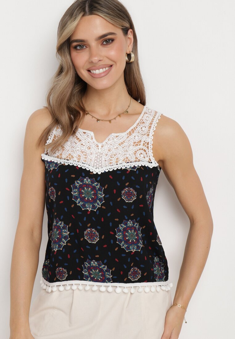 fashion Top fără mâneci Negru-Albastru din viscoză cu dantelă și ciucuri Comoria