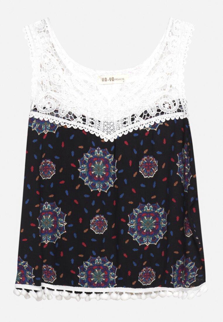 fashion Top fără mâneci Negru-Albastru din viscoză cu dantelă și ciucuri Comoria