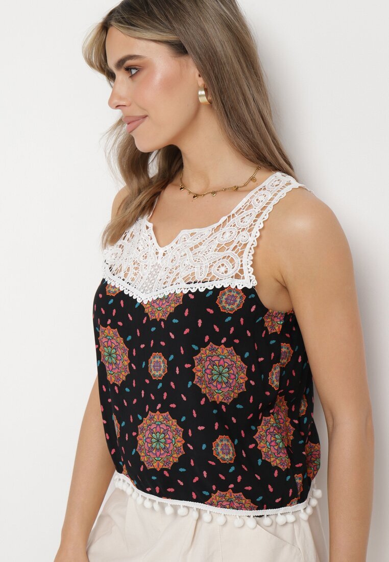 fashion Top Negru-Roz Vâscoză cu dantelă și finisat cu ciucuri Comoria