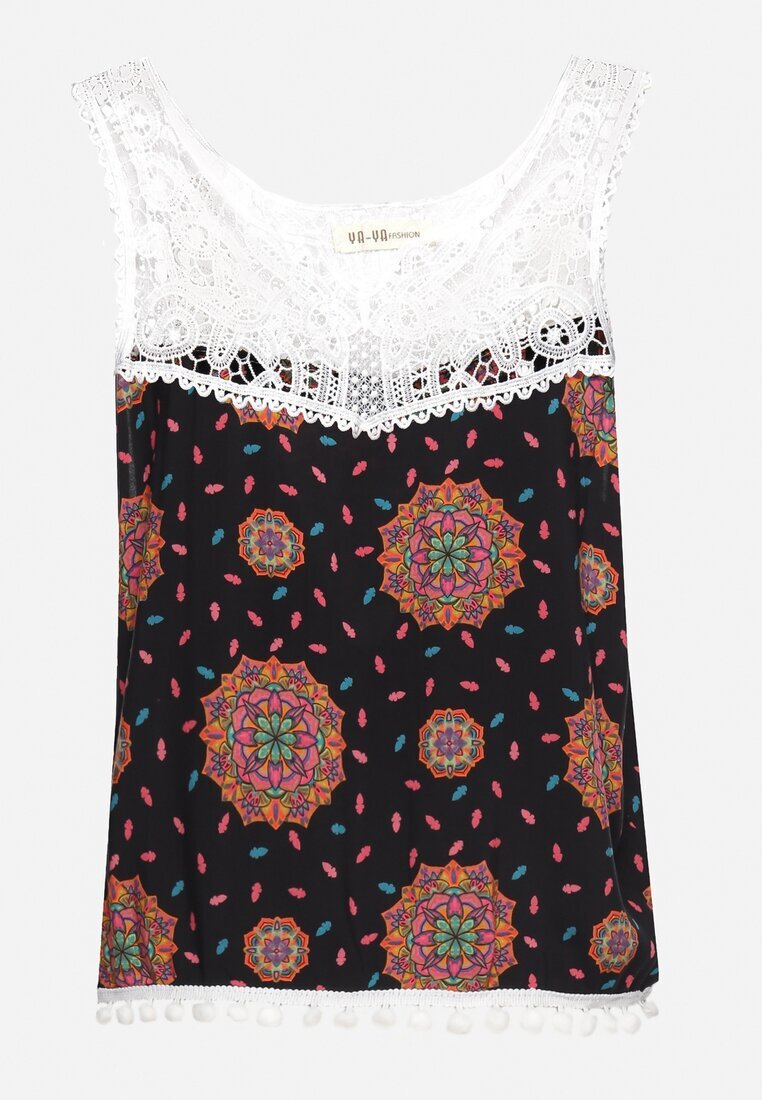 fashion Top Negru-Roz Vâscoză cu dantelă și finisat cu ciucuri Comoria