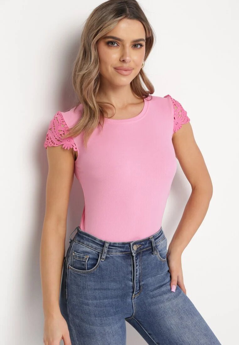 fashion Top Roz din tricot reiat cu inserție de dantelă Ravile