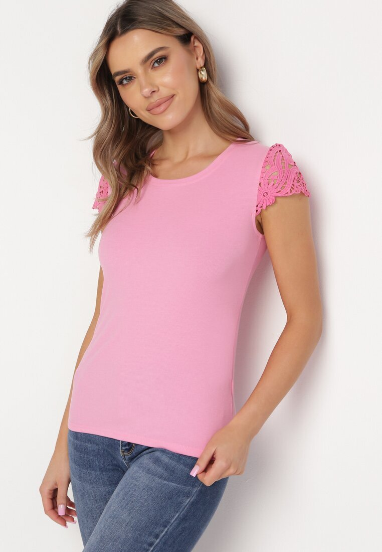 fashion Top Roz din tricot reiat cu inserție de dantelă Ravile