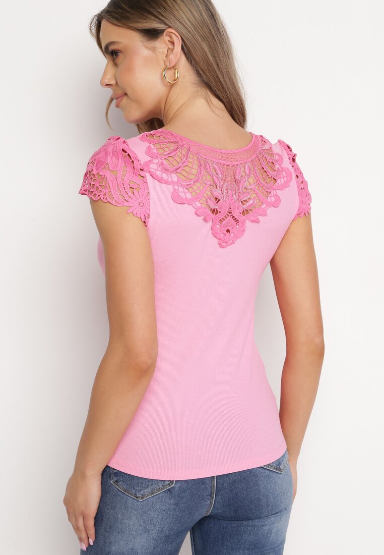 fashion Top Roz din tricot reiat cu inserție de dantelă Ravile