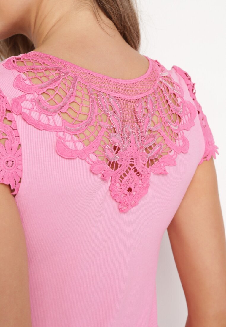 fashion Top Roz din tricot reiat cu inserție de dantelă Ravile