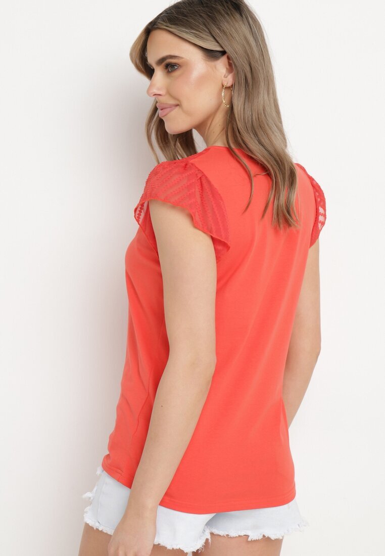 fashion Tricou Bluză Roșu Din bumbac cu Mâneci Transparente și Decolteu Lavinara