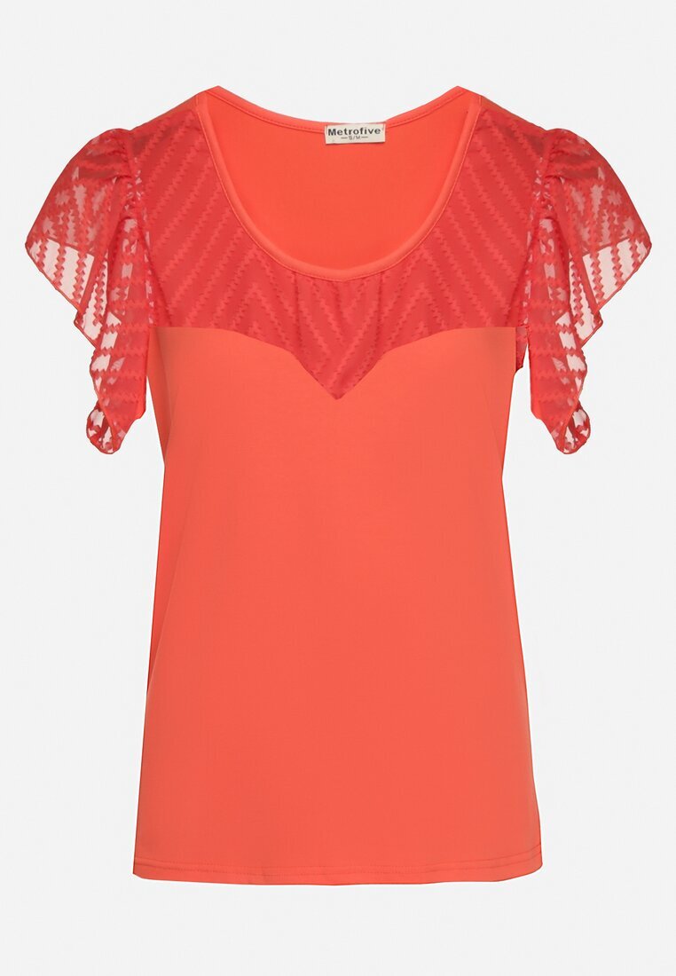 fashion Tricou Bluză Roșu Din bumbac cu Mâneci Transparente și Decolteu Lavinara
