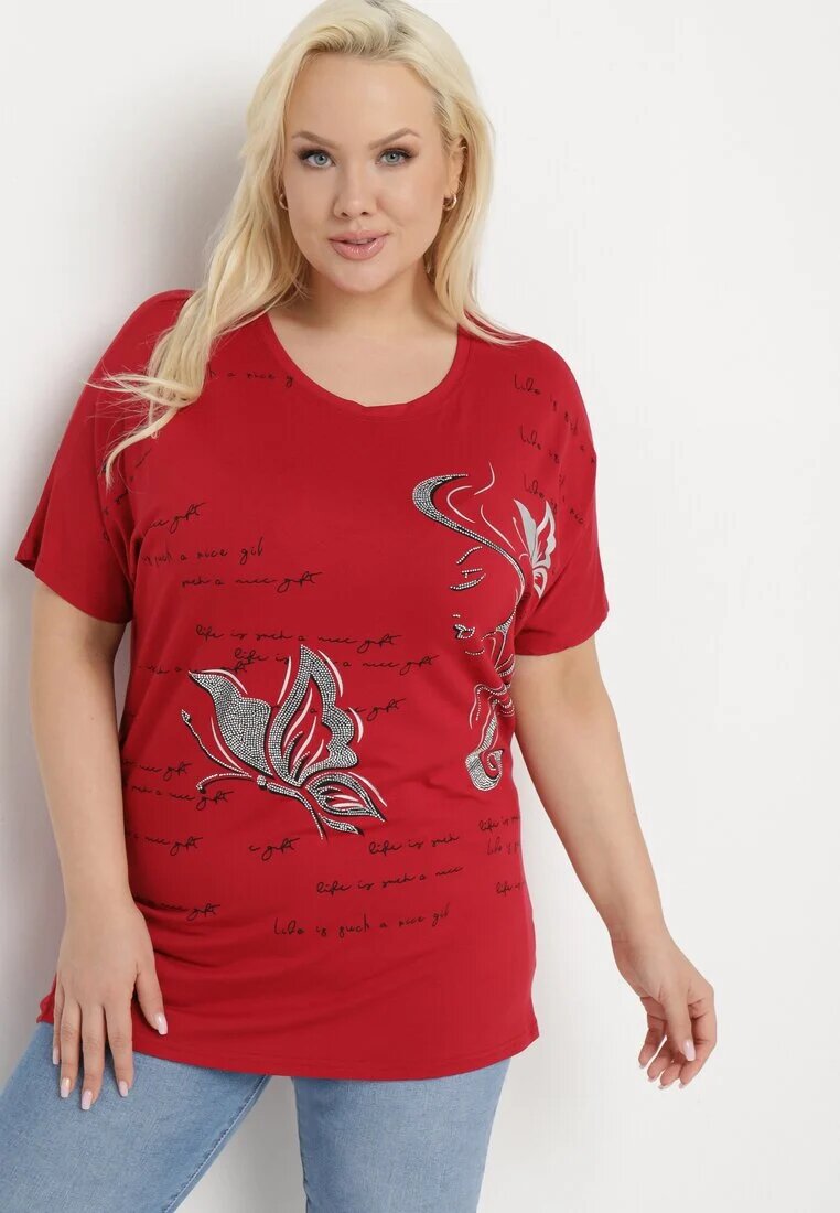 fashion Tricou Bordeaux Decorat cu Strasuri și cu Imprimeu Wallilena