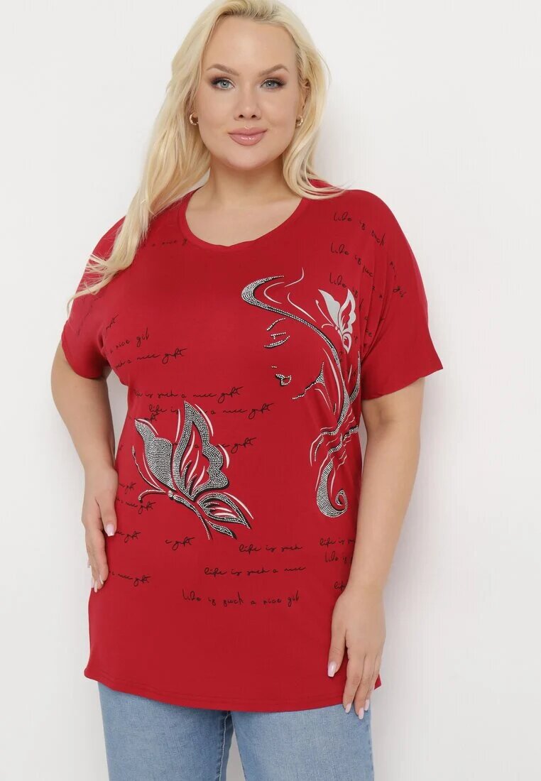 fashion Tricou Bordeaux Decorat cu Strasuri și cu Imprimeu Wallilena
