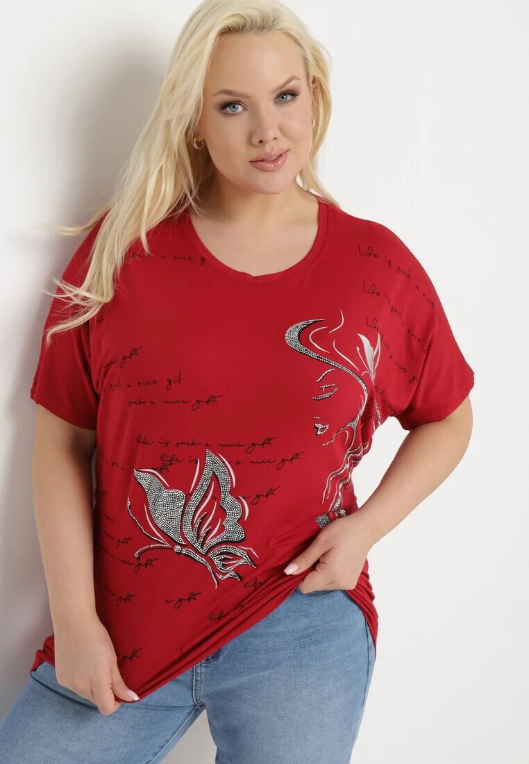 fashion Tricou Bordeaux Decorat cu Strasuri și cu Imprimeu Wallilena