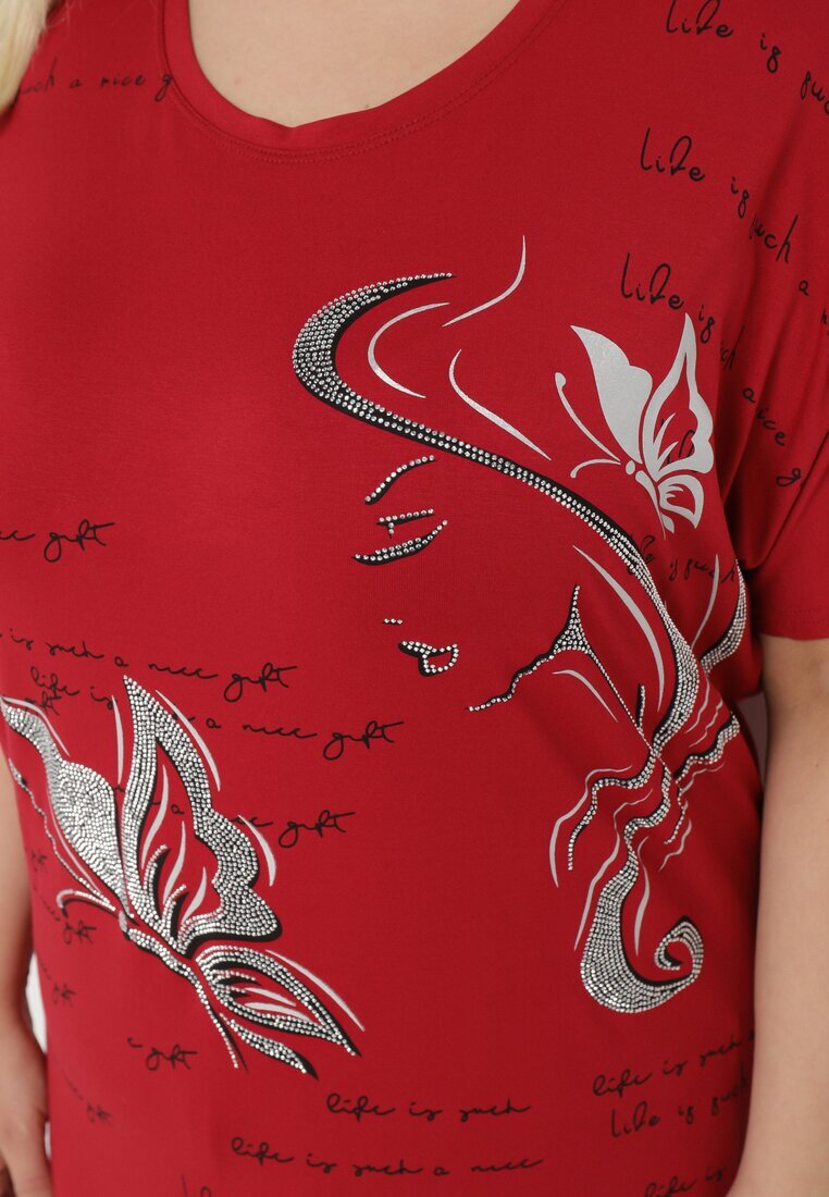 fashion Tricou Bordeaux Decorat cu Strasuri și cu Imprimeu Wallilena