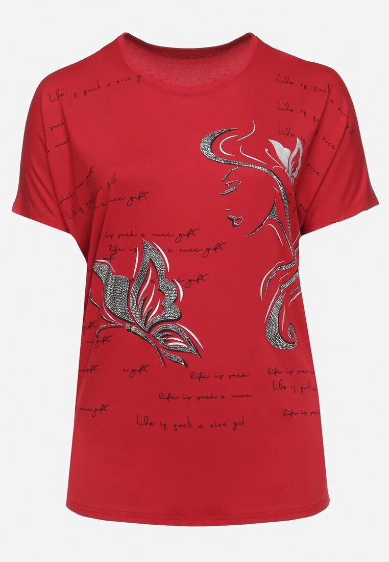 fashion Tricou Bordeaux Decorat cu Strasuri și cu Imprimeu Wallilena