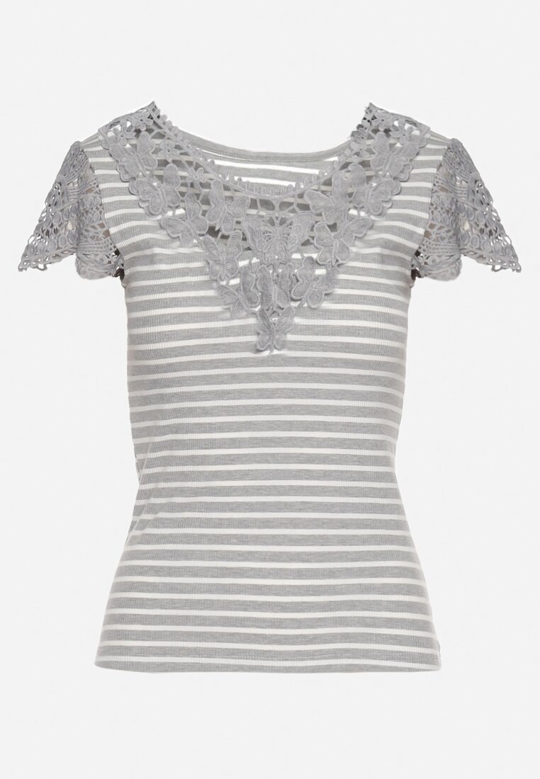 fashion Tricou Gri din bumbac cu dantelă la decolteu și mâneci Alilama