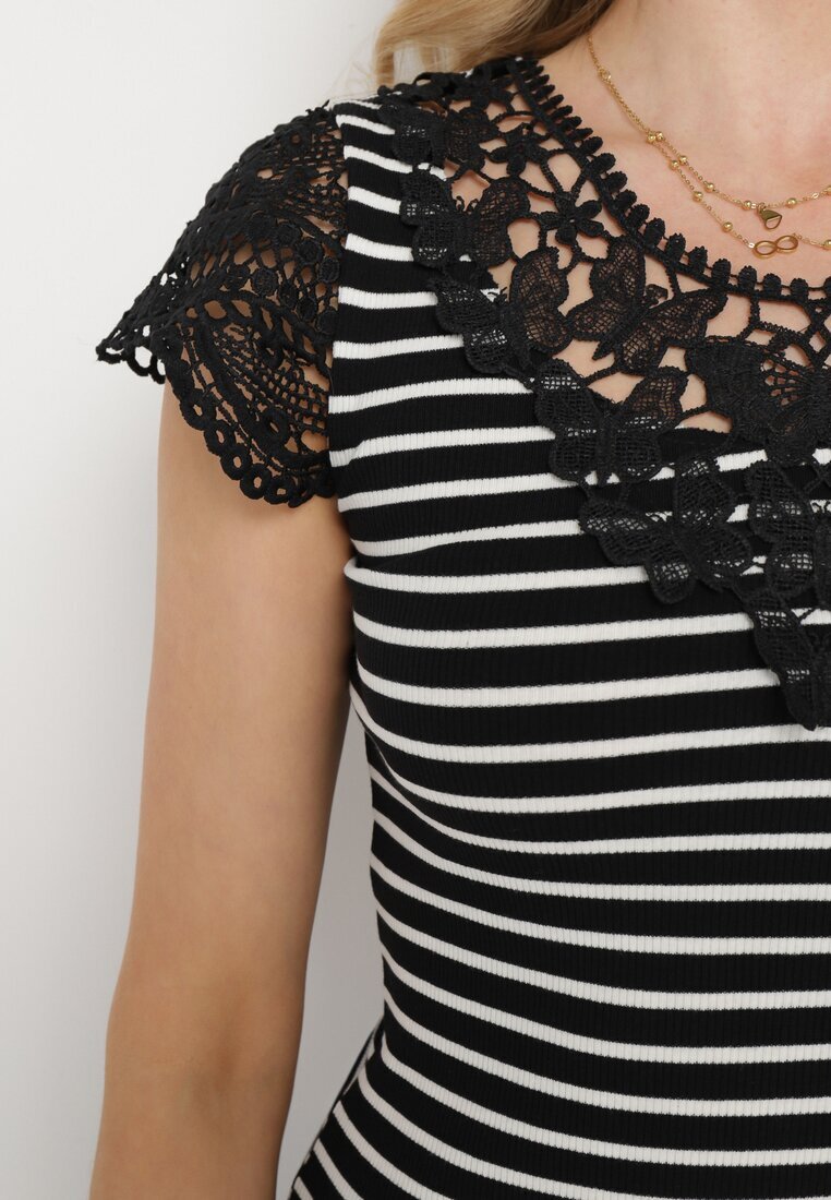 fashion Tricou Negru-Alb din Bumbac cu Dantelă la Decolteu și Mâneci Alilama