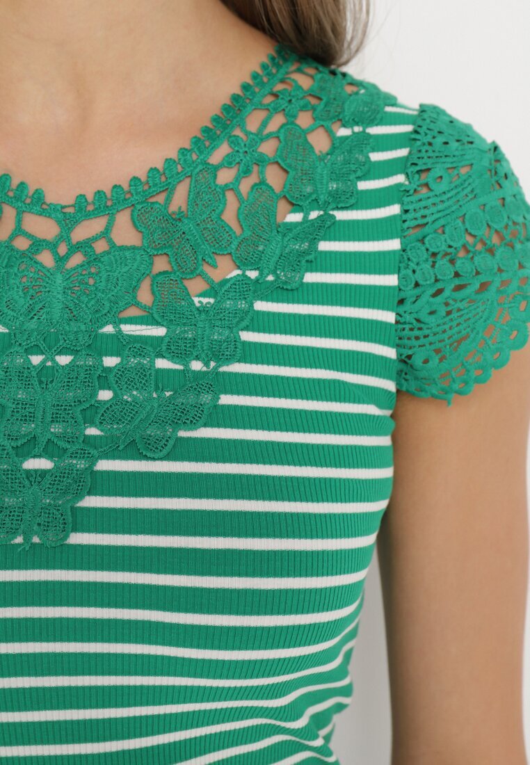 fashion Tricou Verde din Bumbac cu Dantelă la Decolteu și Mâneci Alilama