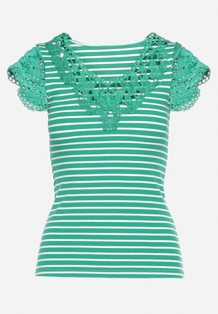 fashion Tricou Verde din Bumbac cu Dantelă la Decolteu și Mâneci Alilama