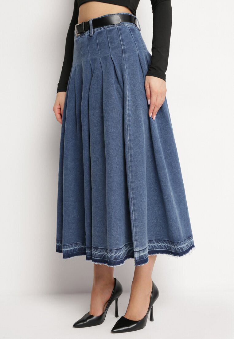  Fustă bleumarin din denim evazată cu curea din piele ecologică Nalier